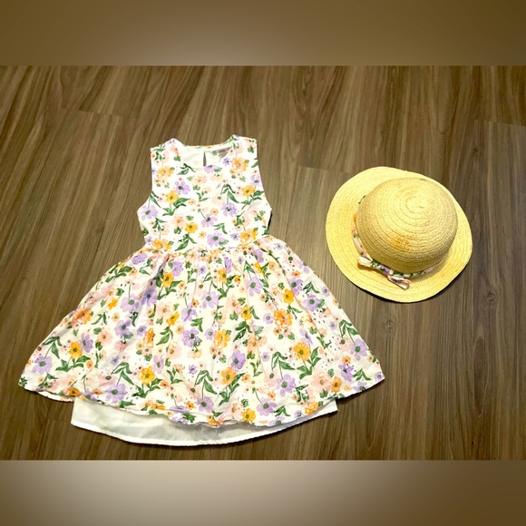 Little Lass White floral A-Line Sundress Sleeveless with hat size 6 - Picture 1 of 7